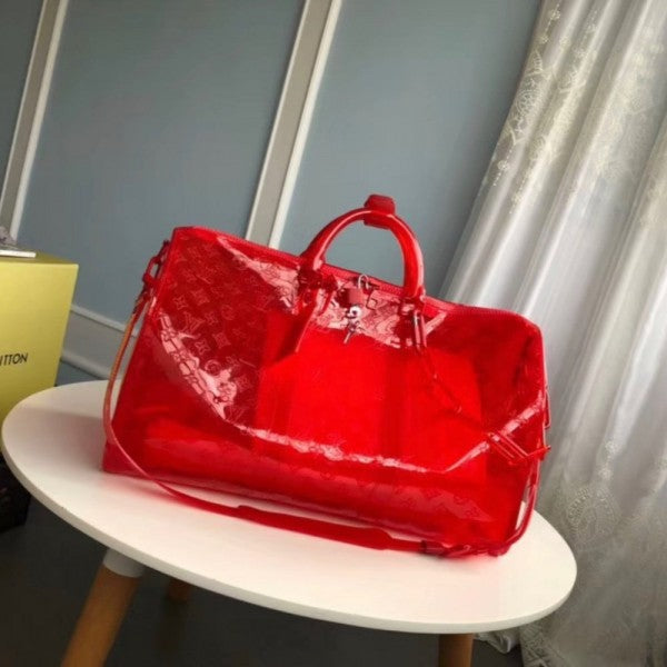 Louis Vuitton Keepall Bandouliere 50 Red Transparent Travel Duffle Bag With Dust Bag (L-810)