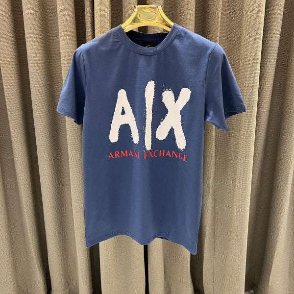 Armani Exchange Middle Brand Print Round Neck T-Shirt Blue