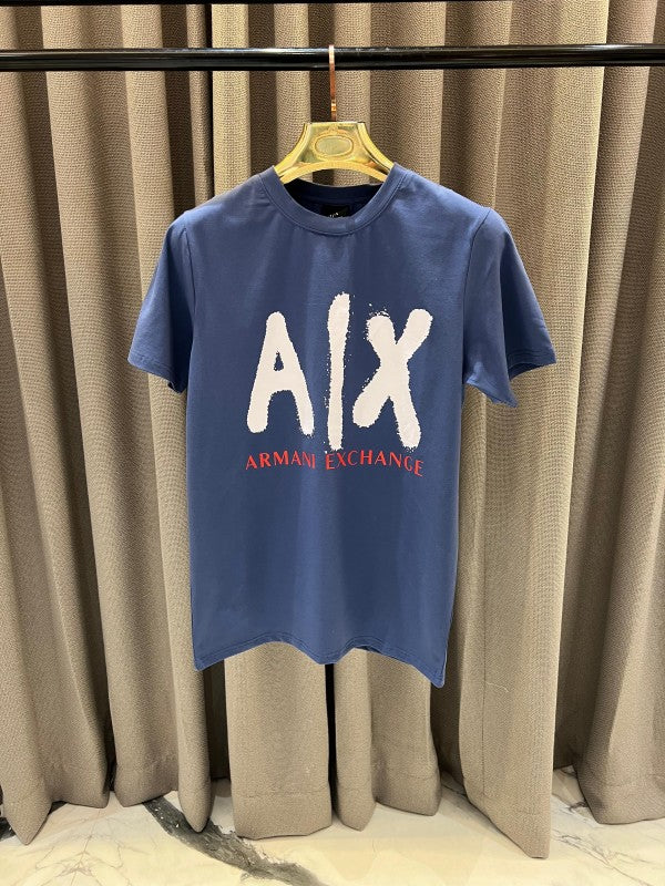 Armani Exchange Middle Brand Print Round Neck T-Shirt Blue