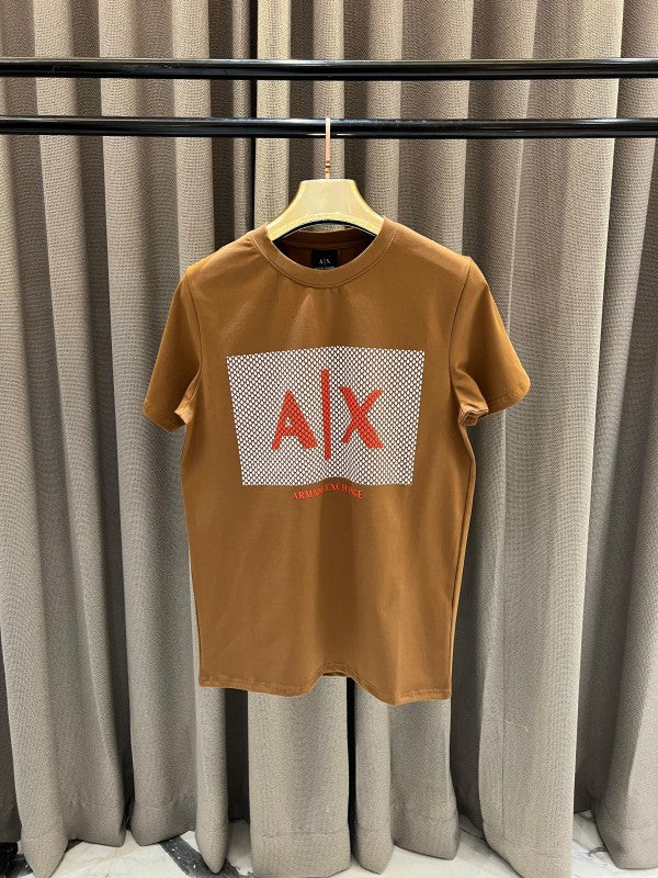 Armani Exchange Middle Brand Print Round Neck T-Shirt Brown