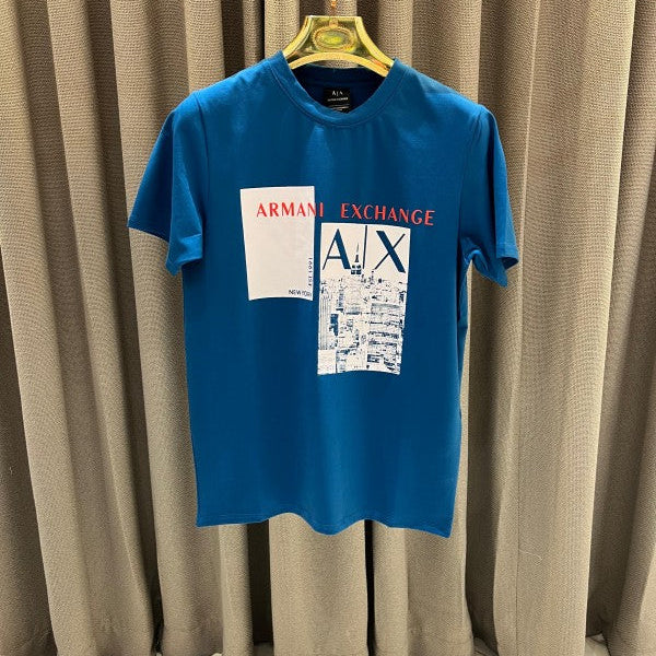 Armani Exchange Middle Brand Print Round Neck T-Shirt Glass Blue