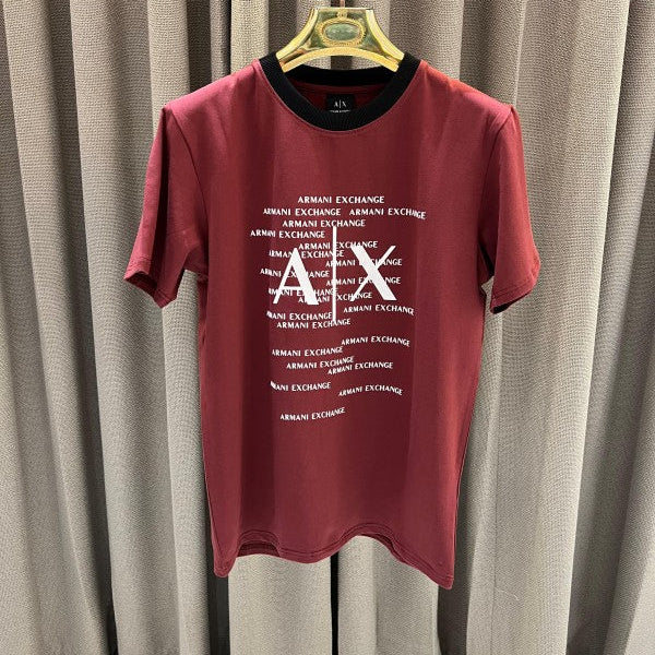 Armani Exchange Middle Brand Print Round Neck T-Shirt Maroon