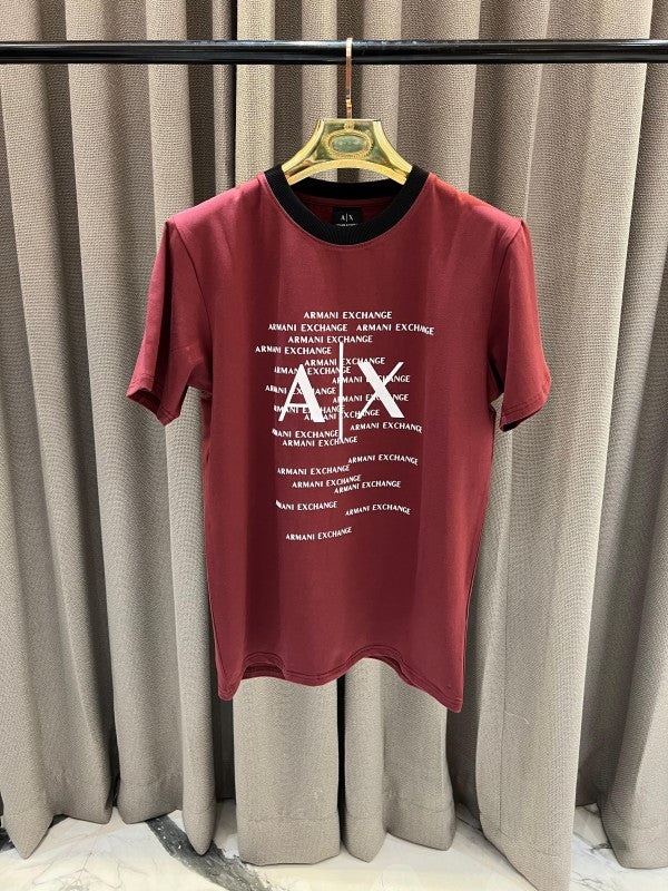 Armani Exchange Middle Brand Print Round Neck T-Shirt Maroon