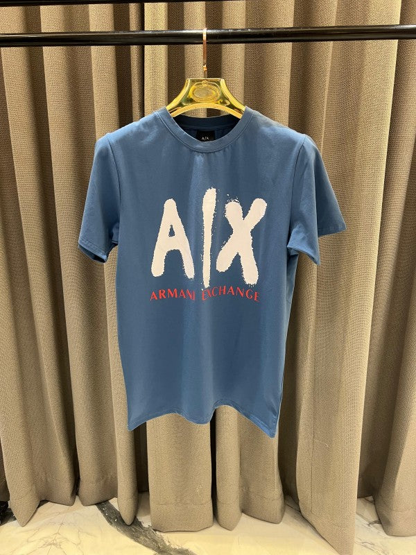 Armani Exchange Middle Brand Print Round Neck T-Shirt Sea Blue