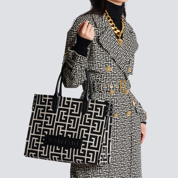 Balmain B-Army 42 Monogrammed Leather Tote Bag With Dust Bag (Black-590)