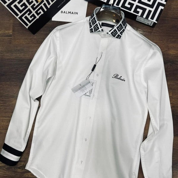 Balmain Chest Logo Collar Print Box Pack Full Sleeves Shirt White 