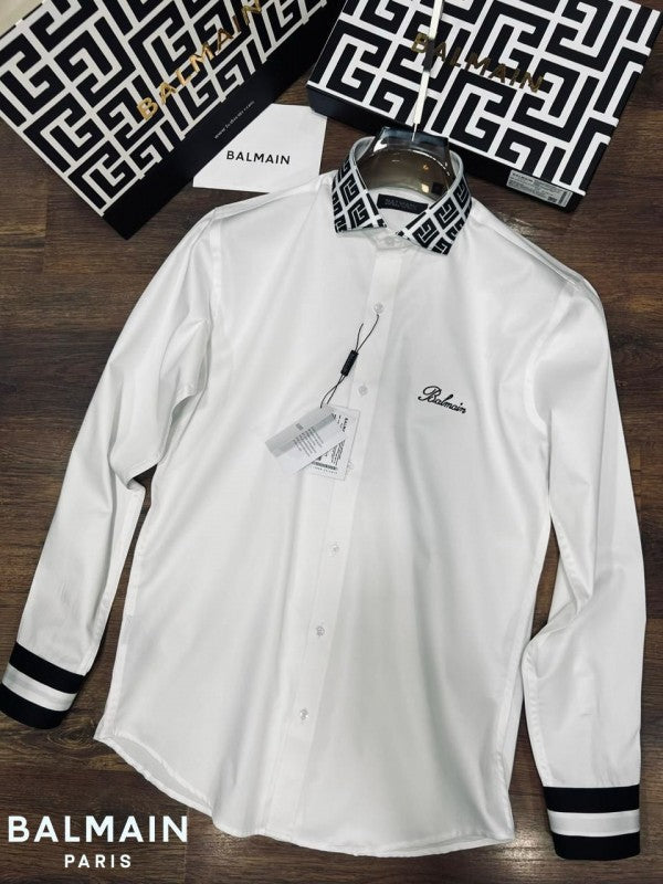 Balmain Chest Logo Collar Print Box Pack Full Sleeves Shirt White 