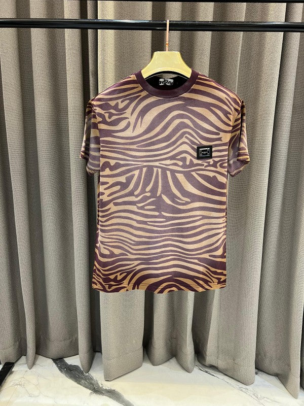 Balmain Chest Steel Logo Brown Zebra Print Round Neck T-Shirt 