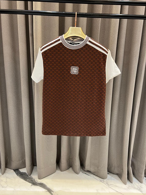 Balmain Full Monogram Middle Brand Patch Round Neck T-Shirt 