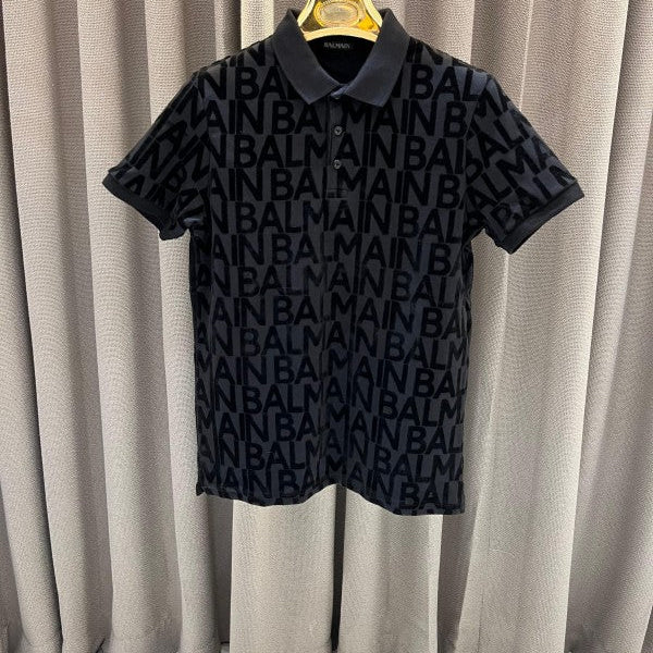 Balmain Full Monogram Print Polo T-Shirt Black 