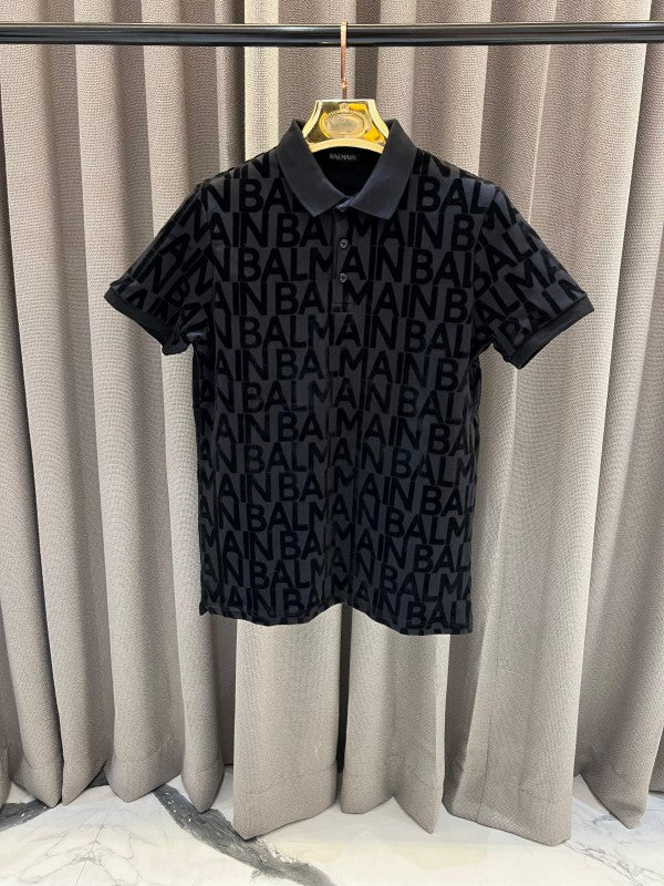 Balmain Full Monogram Print Polo T-Shirt Black 
