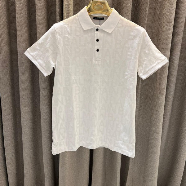 Balmain Full Monogram Print Polo T-Shirt White 
