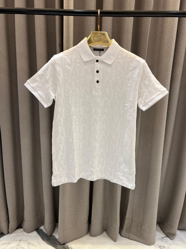 Balmain Full Monogram Print Polo T-Shirt White 
