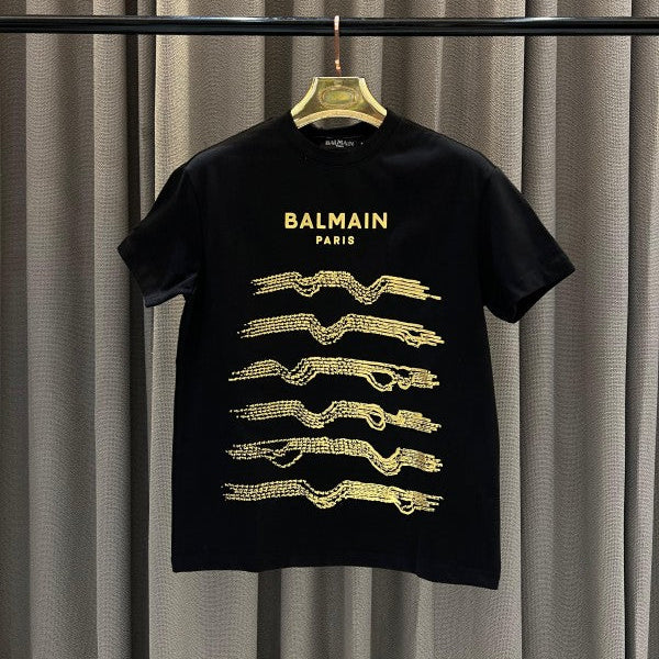 Balmain Middle Brand Chain Print Round Neck T-Shirt Black 