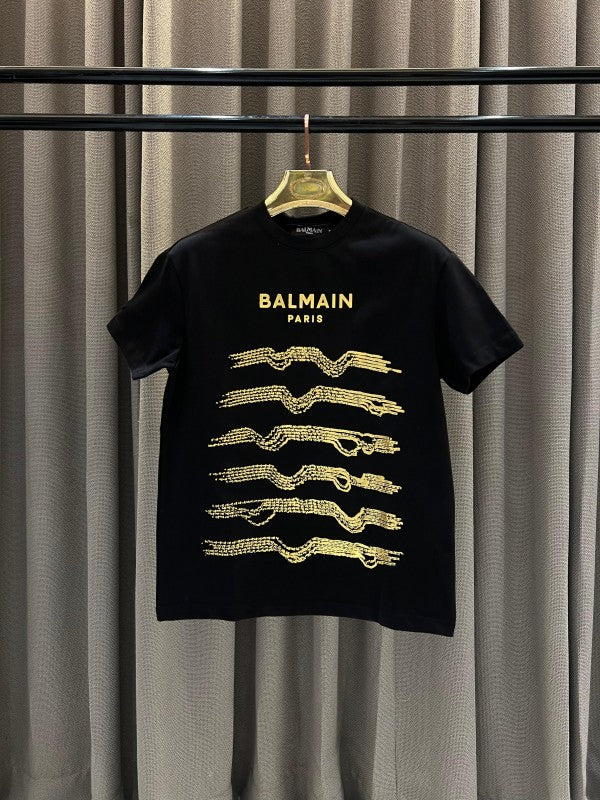 Balmain Middle Brand Chain Print Round Neck T-Shirt Black 