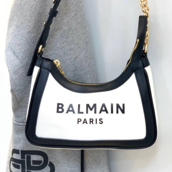 Balmain Paris B-Army Logo-Print Shoulder Bag With OG Box & Dust Bag BA329 Black White