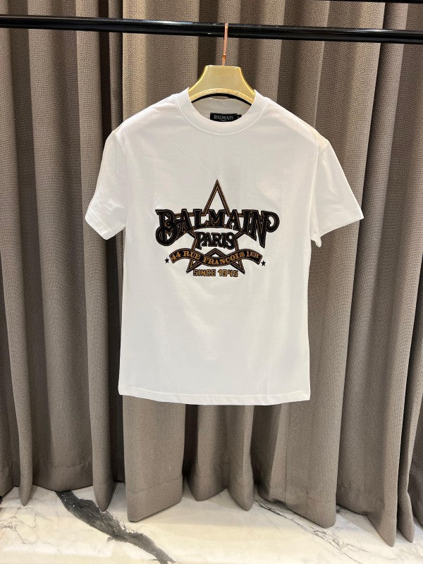 Balmain Paris Middle Brand Print Round Neck T-Shirt White