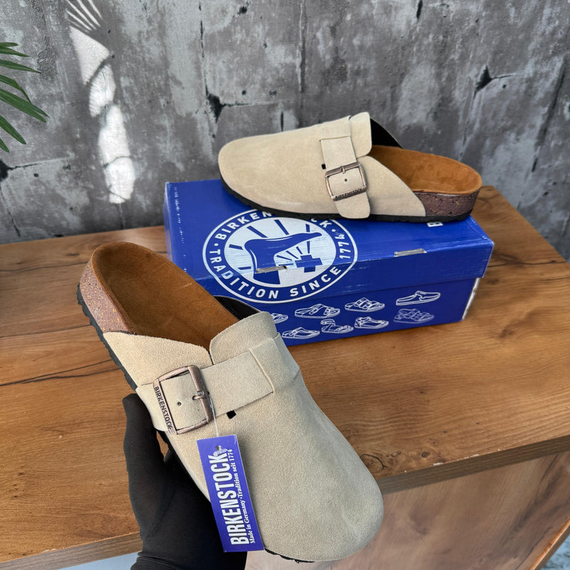 Birkenstock Boston Slides (Suede Ivory)