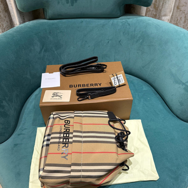 Burberry Phoebe Bucket Drawstring Pouch Bag Icon Stripe E-Canvas Medium with Original Box & Dust Bag