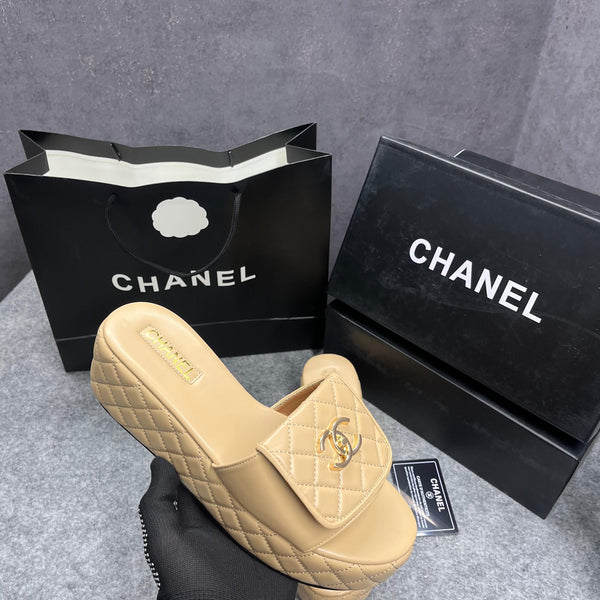 Chanel Lambskin Quilted CC Mules Wedge Sandals With Original Box & Dust Bag Apricot 66232 