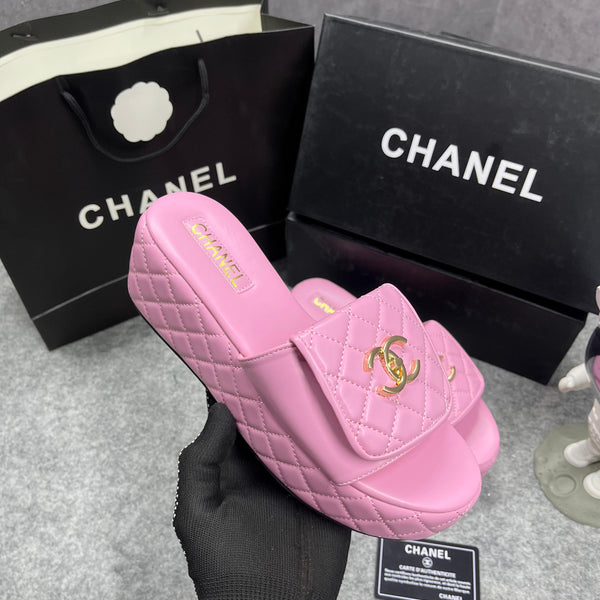 Chanel Lambskin Quilted CC Mules Wedge Sandals With Original Box & Dust Bag Pink 66232 