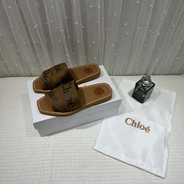 Chloe Premium Woody Slides Flats White With OG Box Brown Exclusive Shoes (Flats)
