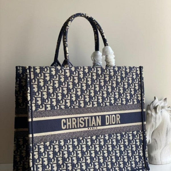 Christian Dior Blue Embroidery Booktote With OG Box And Accessories Collector Bag (Tote)