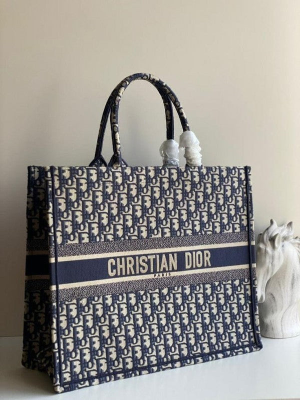 Christian Dior Blue Embroidery Booktote With OG Box And Accessories Collector Bag (Tote)