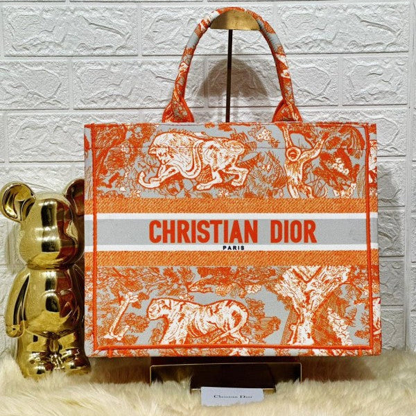 Christian Dior Book Tote With Original Box, Dust Bag & Scarf Orange Tiger M929 Signature Print