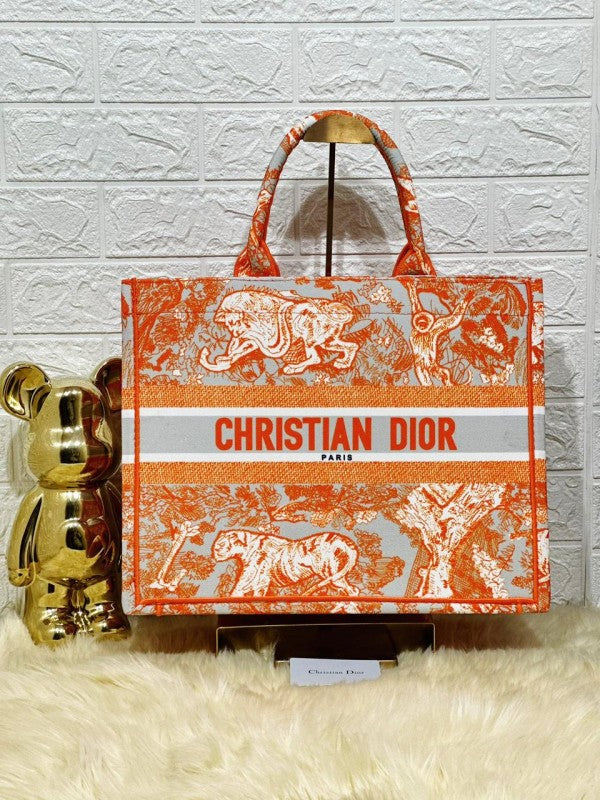 Christian Dior Book Tote With Original Box, Dust Bag & Scarf Orange Tiger M929 Signature Print