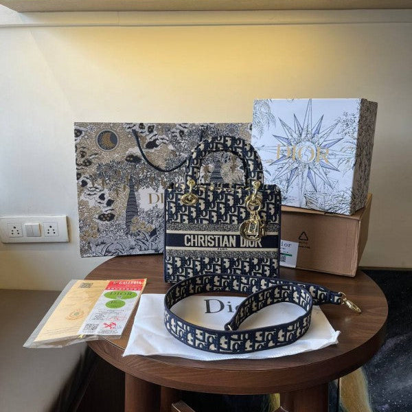 Christian Dior Lady D-Lite Embroidery Print Blue With Original Double Box & Carry Bag  Embroidered Edition
