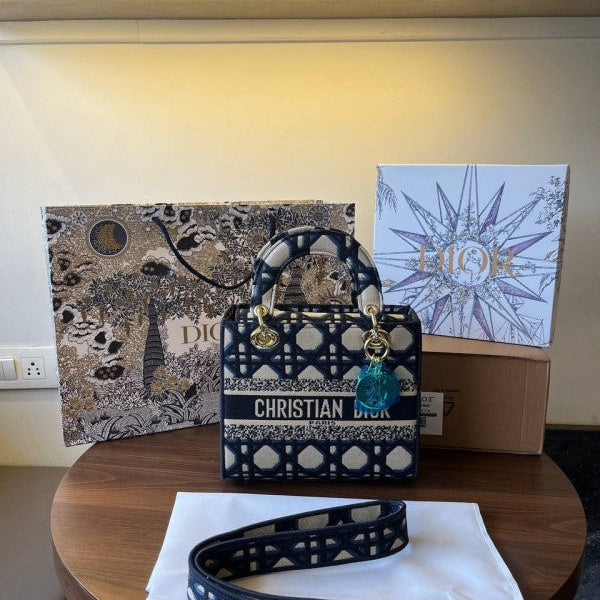 Christian Dior Lady D-Lite Embroidery Print Blue With Original Double Box & Carry Bag Premium Bags
