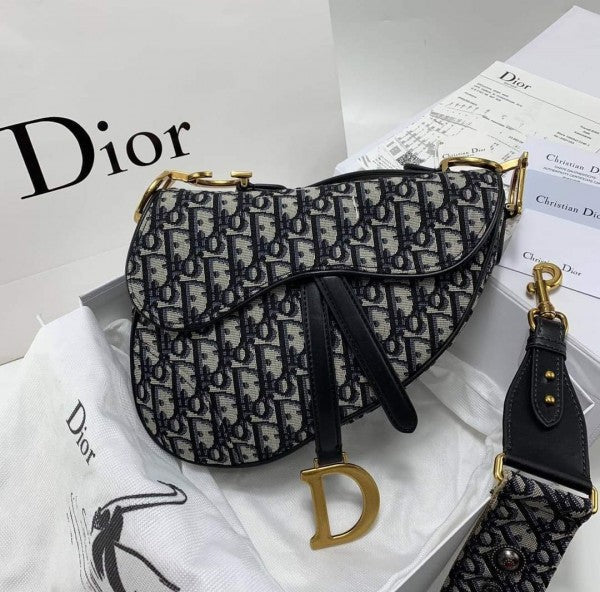 Christian Dior Saddle Bag Black Embroidery With Dust Bag Black Oblique 18009 (Black Embroidery)