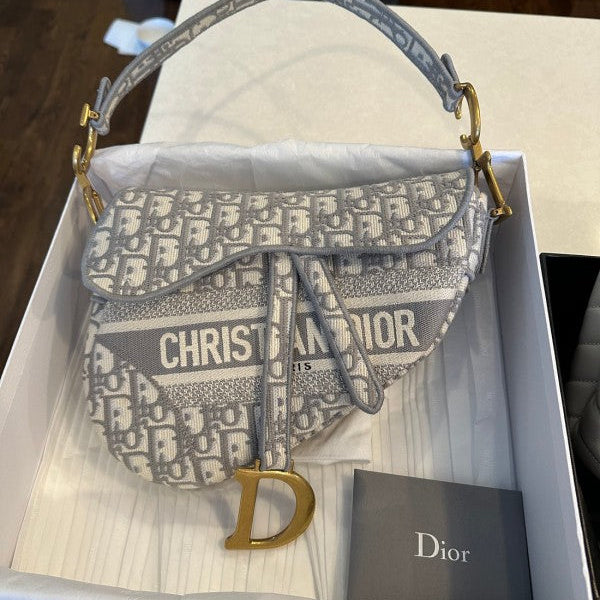 Christian Dior Saddle Bag Grey Embroidery With Dust Bag Grey Oblique 18009 (Grey Embroidery)