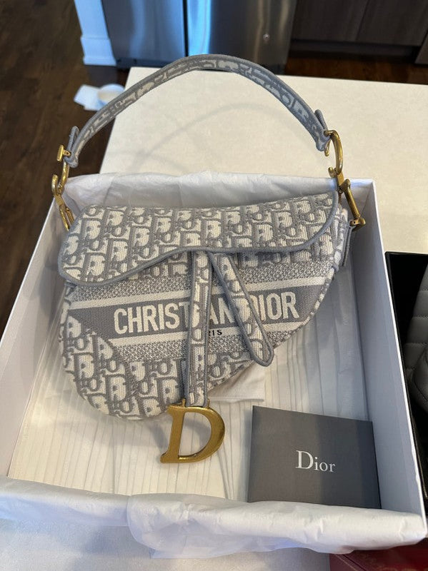 Christian Dior Saddle Bag Grey Embroidery With Dust Bag Grey Oblique 18009 (Grey Embroidery)