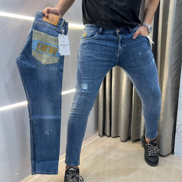 Christian Dior Sky Blue Pocket Embroidery Ripped Imported Denim Classic Clothing (Jeans)