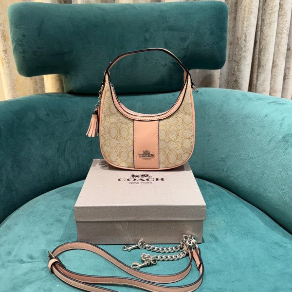 Coach Carmen Mini Crossbody In Signature Jacquard Light Apricot Cloth With Pink With OG Box & Dust Bag 2750
