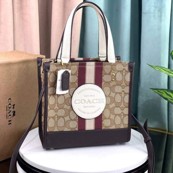 Coach Dempsey Tote 22 In Signature Jacquard With Stripe And Coach Patch With OG Box & Dust Bag Maroon-B5638