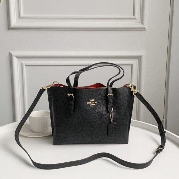 Coach Mollie Leather Tote Bag With Dust Bag & Shoulder Strap (Black-742)