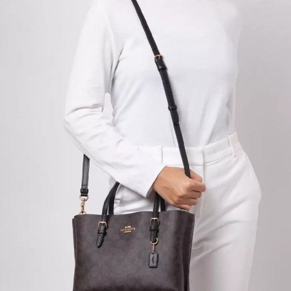 Coach Mollie Leather Tote Bag With OG Box Dust Bag & Shoulder Strap (Coffee Black)