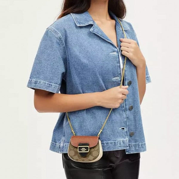 Coach Morgan Card Case On A Chain In Colorblock Signature Canvas GoldKhaki Multi CK439 With OG Box & Dust Bag