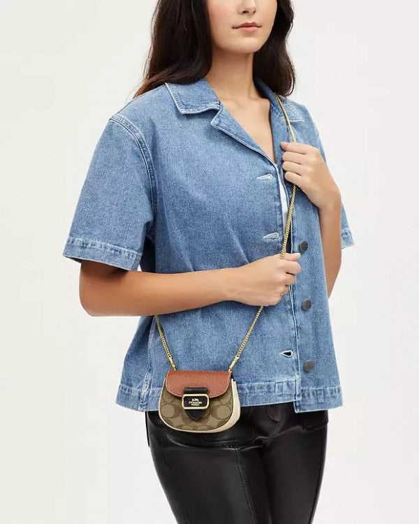 Coach Morgan Card Case On A Chain In Colorblock Signature Canvas GoldKhaki Multi CK439 With OG Box & Dust Bag