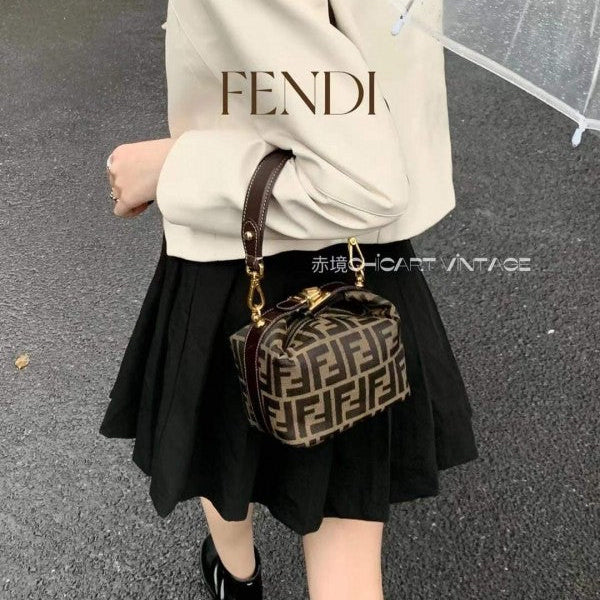 Fendi Baguette Mini Premium Hobo Bag With OG Magnetic Box & Dust Bag & 2 Belts (Brown-884)