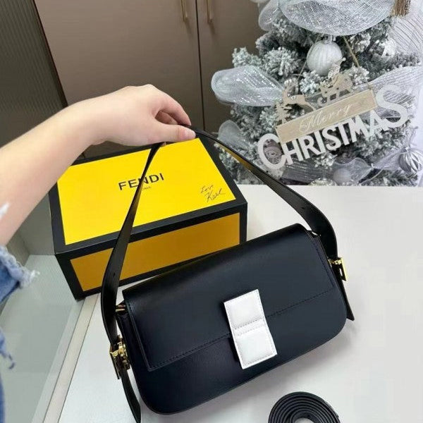 Fendi Baguette Twist Premium Shoulder Crossbody Bag With OG Box & Dust Bag & 2 Belts (Black-927)