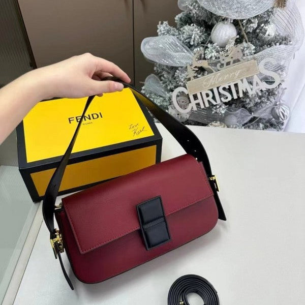 Fendi Baguette Twist Premium Shoulder Crossbody Bag With OG Box & Dust Bag & 2 Belts (Wine-929)
