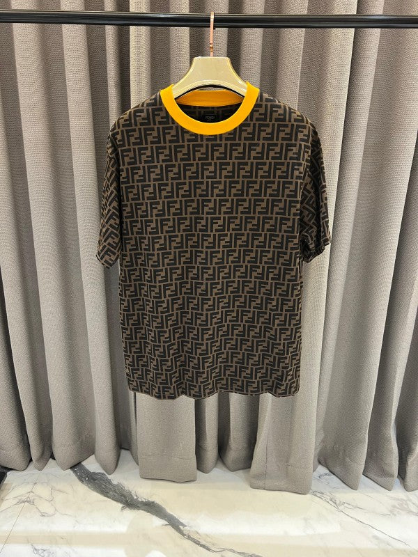 Fendi Full Monogram Print Round Neck T-Shirt Brown