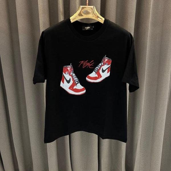 Fendi Jordan Shoes Print Round Neck T-Shirt Black
