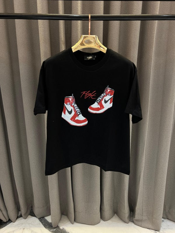 Fendi Jordan Shoes Print Round Neck T-Shirt Black