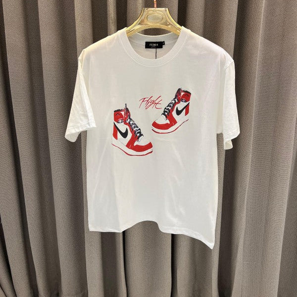Fendi Jordan Shoes Print Round Neck T-Shirt White
