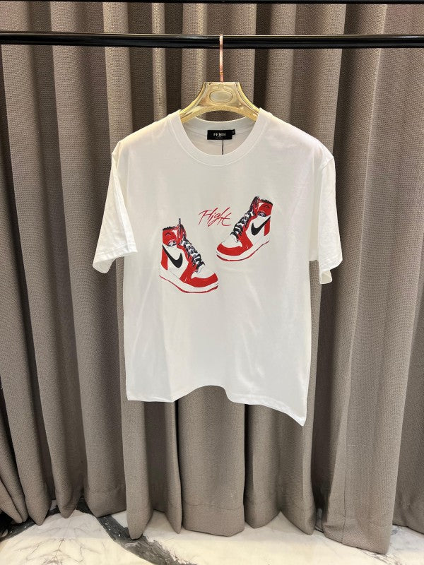 Fendi Jordan Shoes Print Round Neck T-Shirt White